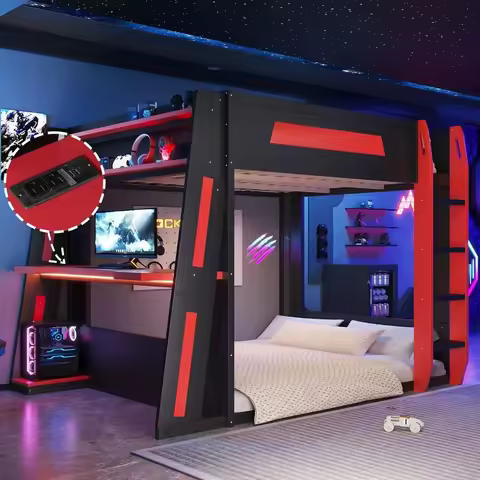 Sturdy Queen Wooden Bunk Bed with Desk, Storage, USB & LED Lights for Gamers and Compact Spaces (Bla