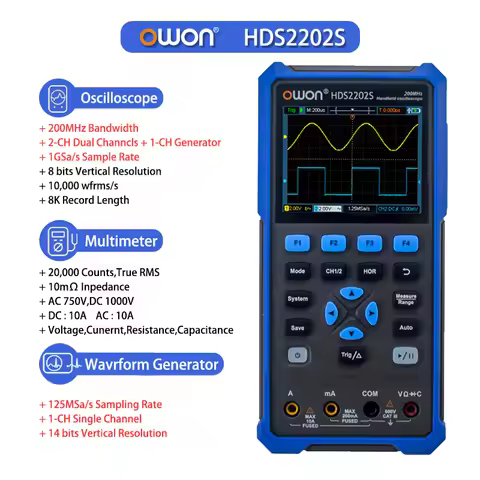 OWON HDS2202S HDS200 Series Handheld Digital Oscilloscope 200MHz 1GS/s 3 In 1 2Channels Osciloscopio