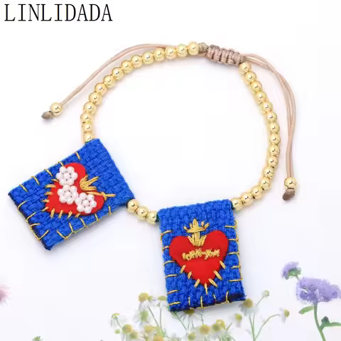 3Pcs Trendy Heart Embroidered Fabric Bracelet Red Heart Adjustable Bracelet Gold Plated Copper Brace