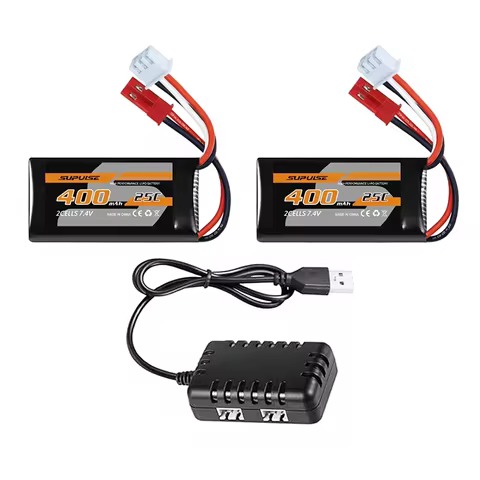 2PCS 7.4V Li-Po 2S 25C 400mAh Rechargeable Battery with 2-Port USB Charger, Compatible with Volantex