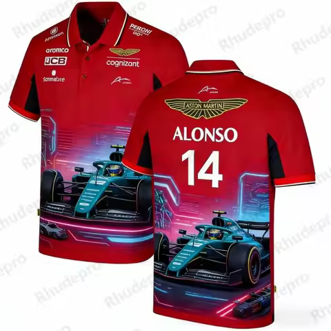 Aston Martin Team Alonso 14 F1 Racing Themed Polo Shirt Breathable Casual Sports Top for Fans Daily 