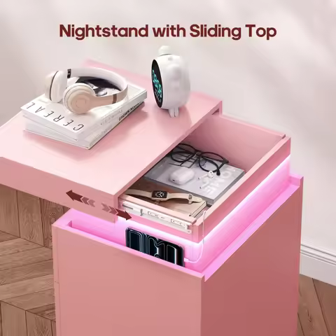 Pink Nightstand with Charging Station and LED Lights Bedside Table