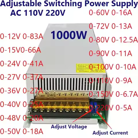 1000W Switching Power Supply AC 110V 220V Adjustable 0- 12V 24V 36V 48V 60V 80V 120V 160V 220V Power