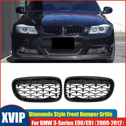 XVIP Diamonds Style Kidney Grille All Glossy Black Radiator Grill Fit For BMW 3-Series E90 E91 2009-
