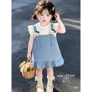 Lovely Brown Kitty Fairy Tail Blue and White Cotton Dress DT1734 for Girls 8-20kg