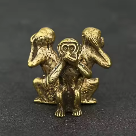 Mini Vintage Brass Cute 3-Monkeys "Do Not Talk" Statue Animal Sculpture Home Office Desk Decorative 