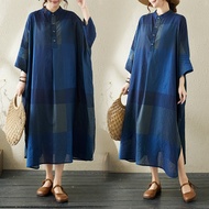 Women Fashion Blue PlaidBIG 3/s 4 Sleeve Floral Midi Dresses Plus Size Long Dresses 50-95kg