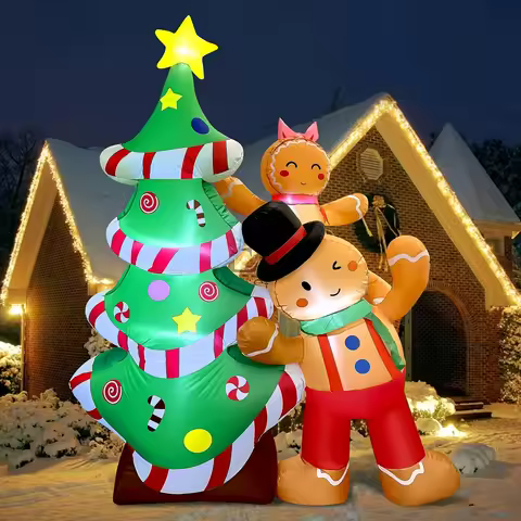 8FT Christmas Inflatables Outdoor Decorations, Blow Up Yard Decoration(Gingerbread Man & Christmas T