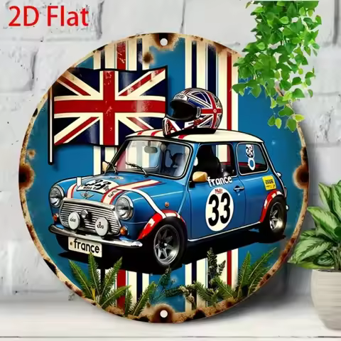 1pc 7.87x7.87" Round 2D Flat Vintage British Racing Car Metal Tin Sign - Union Jack Retro Decor for 