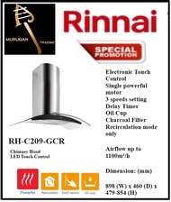 Rinnai RH-C209-GCR Chimney Hood | LED Touch Control| Local Singapore Warranty | Express Free Home Delivery