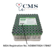 MDA Approved Heparin Vacuum Blood Collection Tube, Green Top - 4ml/5ml/6ml/10ml 100's -- Lithium Hep