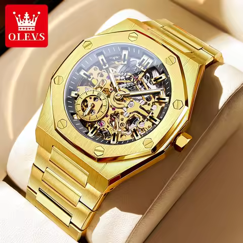 OLEVS Men's Watches Luxury Fashion Fine Steel Original Automatic Wristwatch Hollow Out Mechanical Di