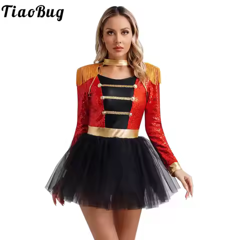 Women Circus Costume Ringmaster Tulle Skirted Tutu Leotard Dress Festival Long Sleeve Fringed Should