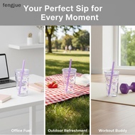 fengjue Cute Pink Bow Butterfly Floral Print Water Bottle, Portable Flip Top Straw Leak-Proof Plasti