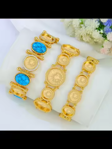Luxury Dubai Gold Plated Bracelet 21k Gold Color Turkish Coins Fashion Turquoise Bangles Muslim Wome