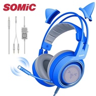 SOMIC G951S Pink G952S Blue 3.5mm Cat Earphone Mobile Phone Headset Gaming Headphones USB 7.1 Surround Sound Headphone With Mic for PC Computer