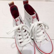 POLO 白色紅格紋高筒帆布鞋
