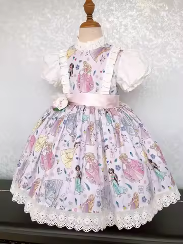 0-12Y Baby Girl Summer Pink Printed Vintage Lolita Princess Ball Gown Dress for Birthday Holiday Cas