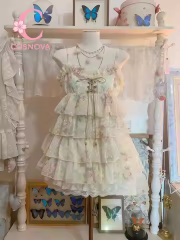 New Summer Vintage Sweet Cottagecore Spaghetti Strap Dress Women Sweet Petite Fresh Floral Mini Dres