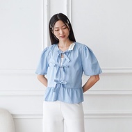 KEMEJA WADAindashop Women's Short Sleeve Plain Ribbon Basic Blouse | Aesthetic Office Work Shirt Top