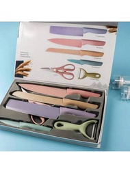6 pcs cuchillos de cocina juego de cuchillos de cocina de color fibra de paja de trigo con acero inoxidable navajas suministros de cocina caja de regalo