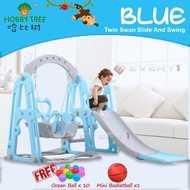 HOBBY TREE (HT150) Twin Swan Home Indoor 3 in 1 Swing and Slide For Kids Mini Playground  with Baske