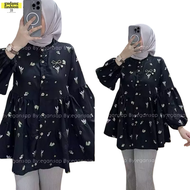 GudangFashion18 - Atasan Blouse Top L XL Kemeja Shirt Baju Lengan Panjang Motif Printing Bunga Flowe