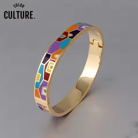 Color Culture New Fashion Stainless Steel Open Bangle For Women Gold Geometric Colorful Enamel Paint
