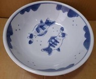 早期韓國製光州窯厚實手繪魚碗公-直徑21.5公分