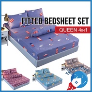Ready Stock Premium Cotton 4in1 Queen / 2in1 Single Size Fitted Bedsheet Sets Cadar Getah Keliling 3