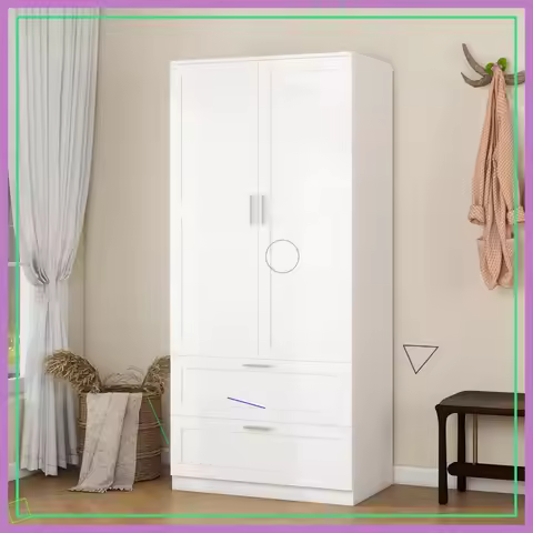 Modern 2-Door 2-Drawer Freestanding Wardrobe with Hanging Rod, White Wooden Closet for Bedroom Stora