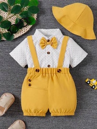 新款夏季嬰兒男童服飾：波點短袖襯衫+背帶褲套裝配帽子，紳士風格