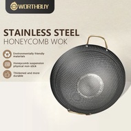 WORTHBUY 28-40CM Honeycomb Wok, Gold Handle Honeycomb Stainless Steel Non-stick Pan (with Lid)
