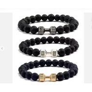 Hot selling fashionable men's dumbbell bracelet natural black volcanic lava stone bead bracelet gift