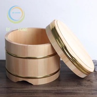 Japanese-style luxurious wooden bucket with lid, gold-rimmed sushi rice mixing bowl, large capacity,