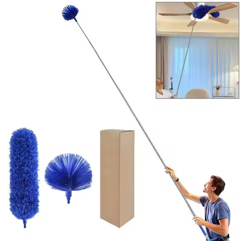 2.5m Extendable Cleaning Duster Long Handle Spider Web Broom Kit with 2 Dusting Head for Ceiling Fan