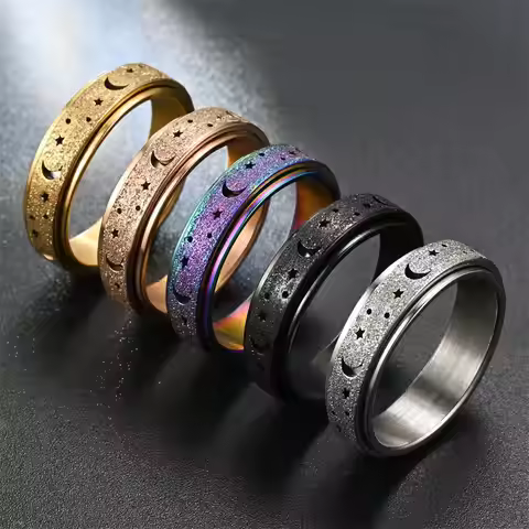 New Rainbow Moon Star Anxiety Rings for Women Men Stainless Steel Fidget Ring Anti Anxiety Ring Stre
