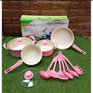 TEFLON PINK PANCI SET WARNA COOKWARE SET 13PCS FRYPAN SAUCEPAN MILKPOT FREE SPATULA ANTI LENGKET