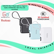 YOOBAO Q12Pro 10000MAH 35W PD QC3.0 FAST CHANGING POWERBANK WITH TYPE-C BUILT-IN CABLE 3C Certificat