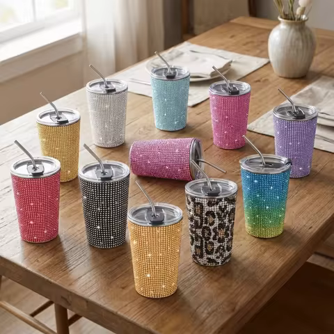 Drinkware 500ml Rhinestone Water Cup Sparkling Bling Stainless Steel Water Bottle Reusable Luxury Cr