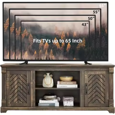 Rustic Barn Door Entertainment Center for 65+ Inch TVs, 25 Tall TV Stand with Adjustable Shelves