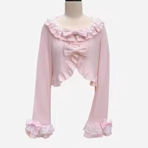 Women Lolita Cropped Cover-Up, Ruffled Puff Sleeve Cardigan with Tie Details, Female Kawaii Japanese