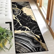 ASPMIZ Black and Gold Runner Rug 2x7, Marble Runners for Hallways Non Slip, Soft Faux Wool Washable 