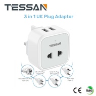 TESSAN Shaver Power Plug Adaptor UK, Extension Plug 2 Pin to 3 Pin Adapter Plug Socket with 2 USB for Bathroom Electric Toothbrush, Razor and EU US Plugs, 10A Fused - White