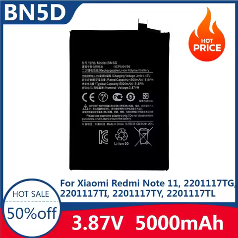 New High Quality for Newest 3.87V 5000mAh BN5D Battery for Xiaomi Redmi Note 11, 2201117TG, 2201117T