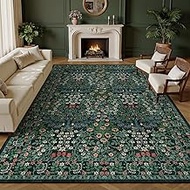 7x9 Area Rugs Living Room Rug - Floral Vintage Morris-Inspired Washable Carpet, Low Pile Non-Sheddin