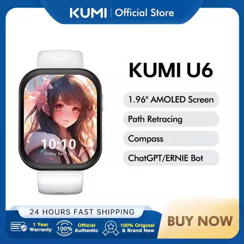 KUMI U6 Smartwatch 1.96" AMOLED, AI with ChatGPT, 5ATM Waterproof, 7 Global Satellite GPS, 100+ Spor