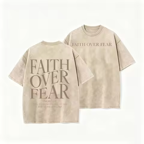 Retro "Faith Over Fear" T Shirt Bible Verse Print Washed Beige Streetwear