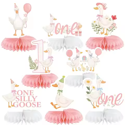 1st Birthday Goose Honeycomb Decor, "One Silly Goose" Duck Table Centerpieces for Baby Girl First Bi