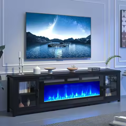 80" Fireplace TV Stand, 50 Inch Electric Fireplace & Modern Entertainment Center, with Adjustable Sh